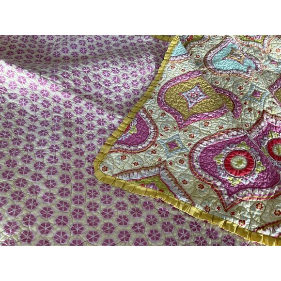 Dena Home Twin Quilt & 2 Shams Pink, Aqua, Yellow & Green Casablanca Moroccan - Picture 9 of 16